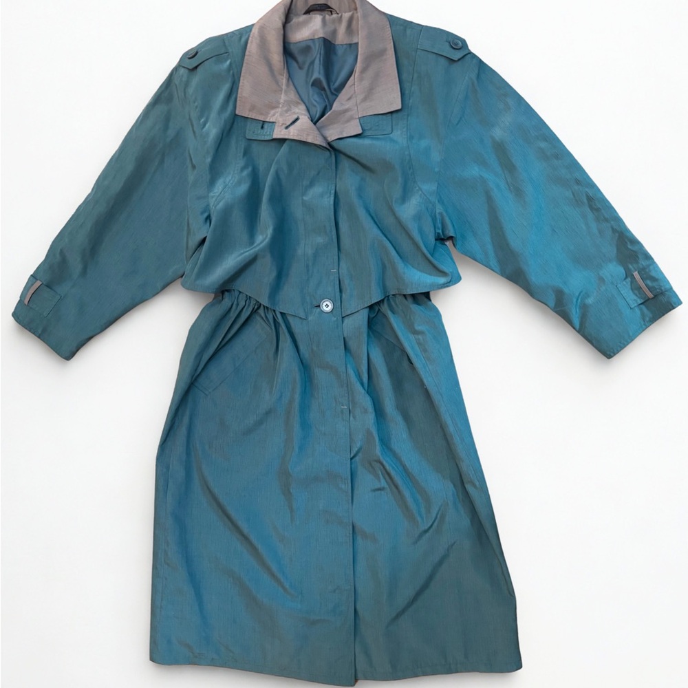 Vintage Utex Teal Blue Trench Coat with Contrast Collar Size 10